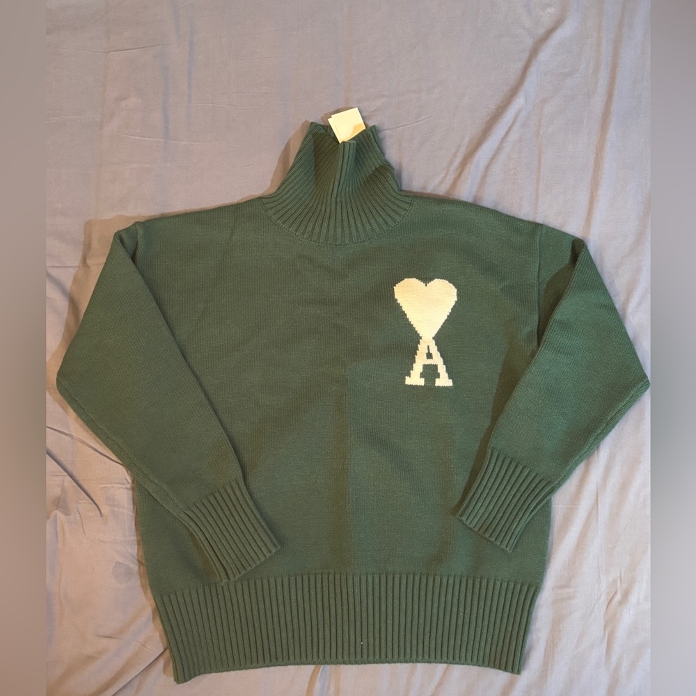 Green Turtleneck Sweater with Heart Design
